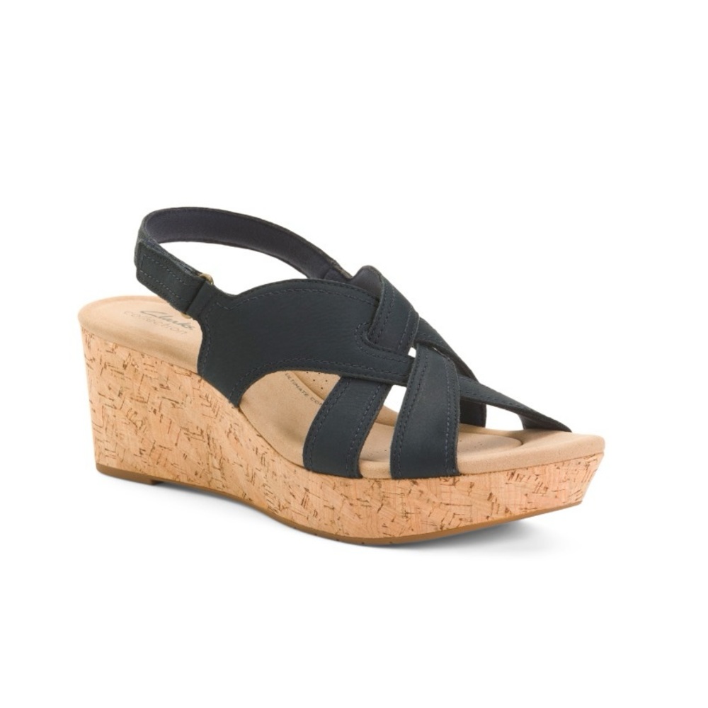 Clark’s Collection Wide Width Rose Erin Navy Leather Wedge Sandal Women’s 11